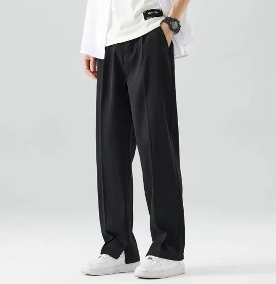 Men's loose straight ice silk casual trousers in dark grey, full-length view