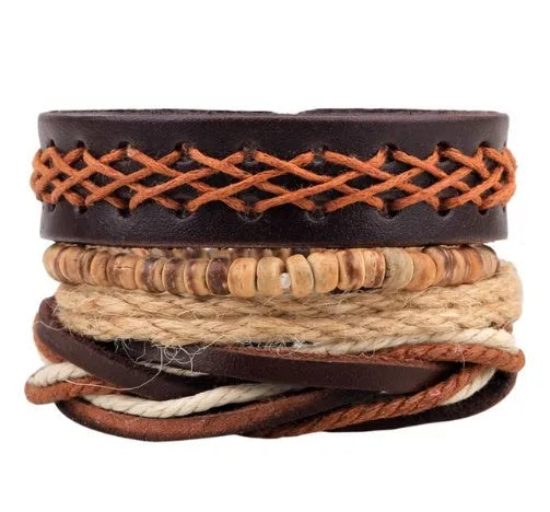Handmade brown leather wrap bracelet with wooden beads and braided cord on a wrist.