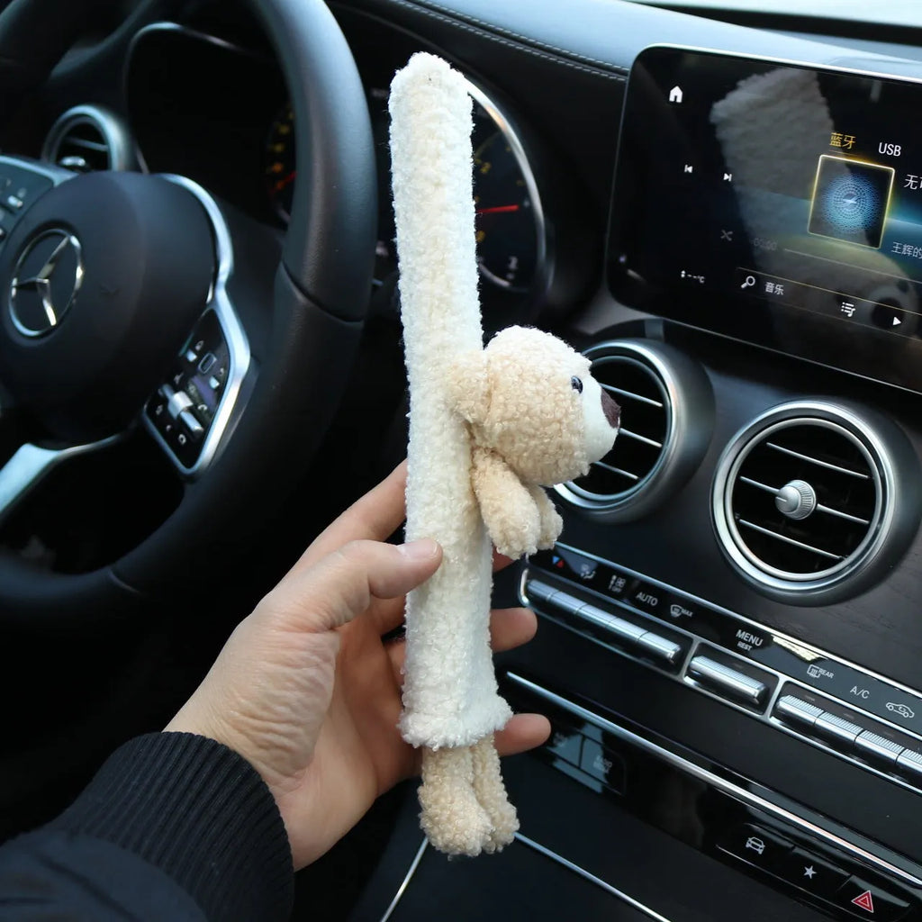 Cartoon plush car seatbelt shoulder protector in lamb wool fabric, showing Rabbit and Bear design options.