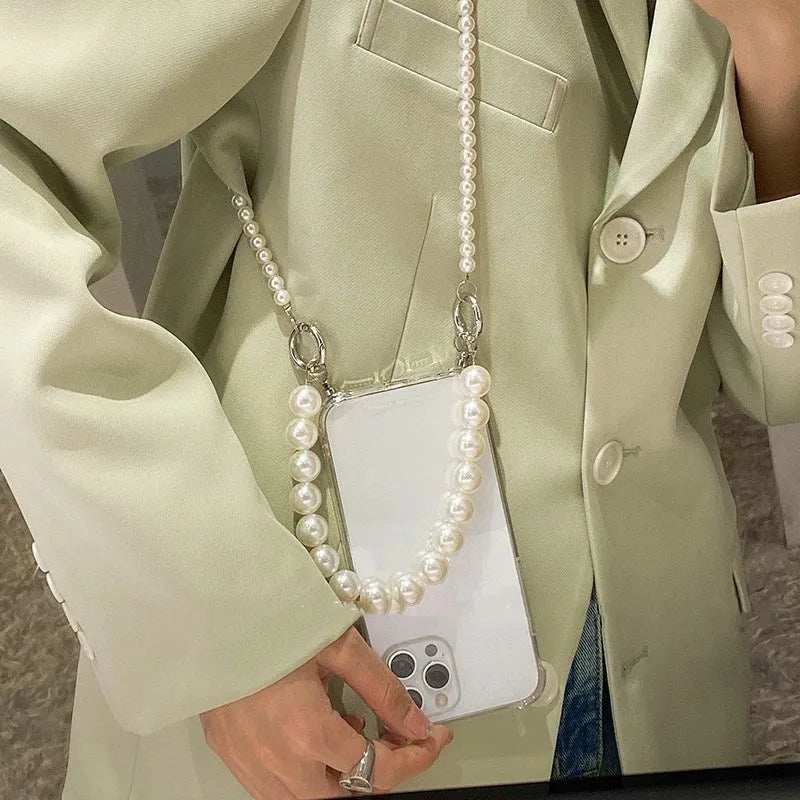 Big pearl design soft iPhone case with decorative chain in photo colour