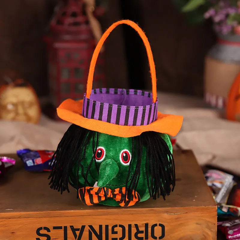 Halloween candy bag with pumpkin pattern, 16cm square size with handle for trick-or-treating