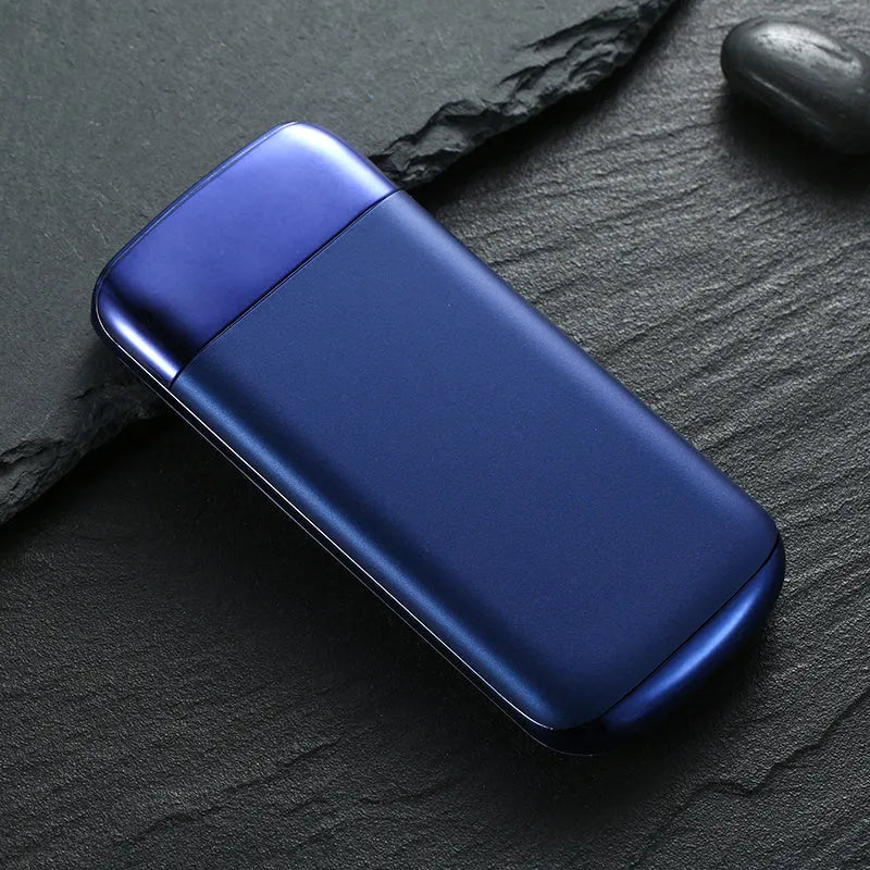 Portable power bank with LCD display showing battery percentage and two USB charging ports