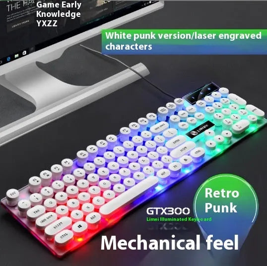Mechanical feeling computer keyboard with colour options including white, rainbow and luminous character variants