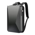 Men's hard-shell titanium silver backpack with lock, open to show laptop compartment and internal organisation pockets.