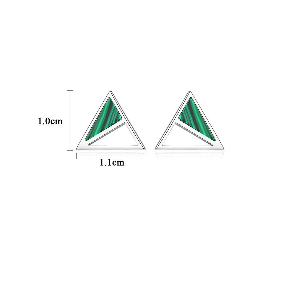 Pair of green malachite stud earrings in pure silver with geometric Korean-style design