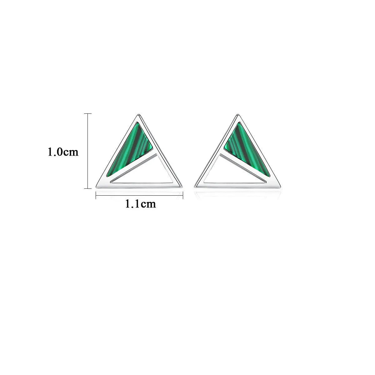 Pair of green malachite stud earrings in pure silver with geometric Korean-style design