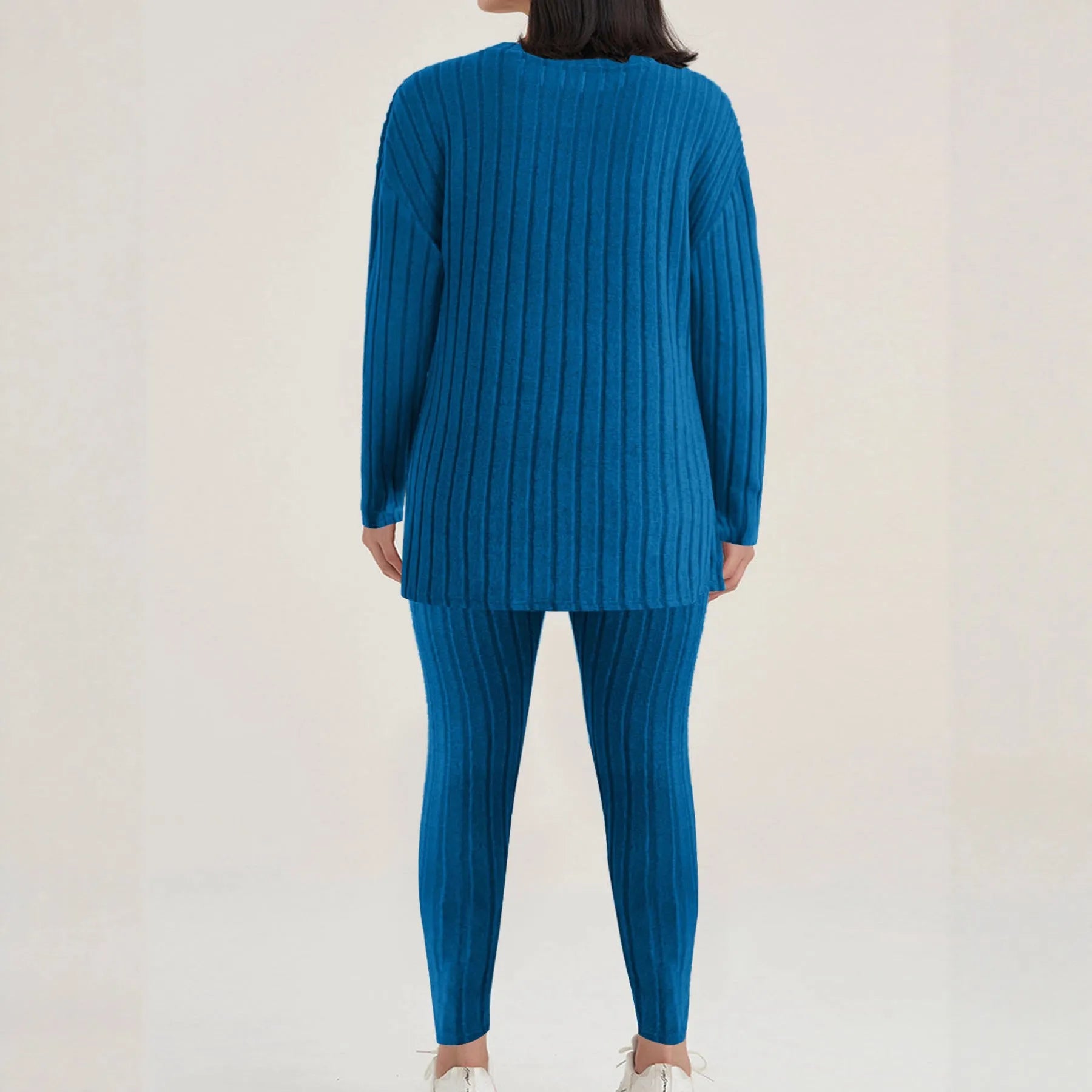 Plus size sunken stripe two-piece homewear set with long sleeve top and trousers in blue