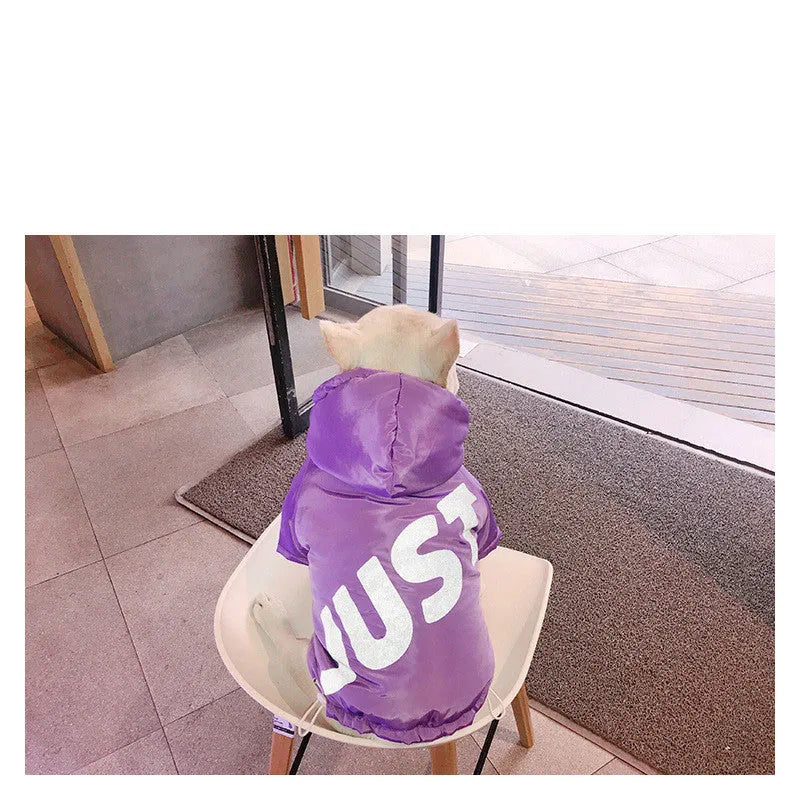 Purple printed pet winter cotton coat for dogs in sizes L to XXXL on a white background