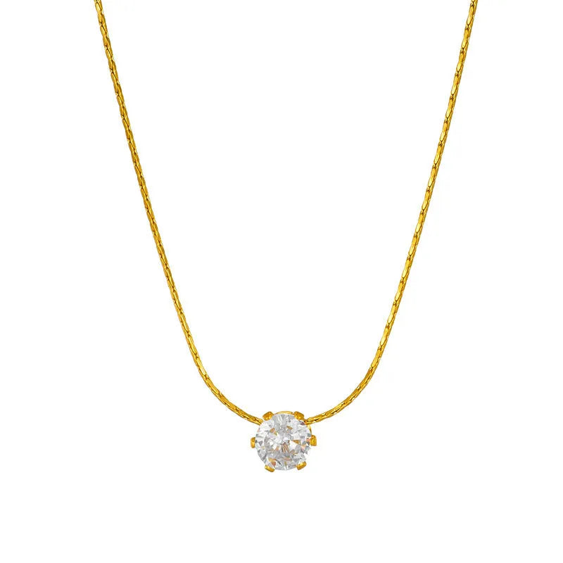 Gold plated 18K titanium steel six-claw round zircon pendant necklace with bamboo chain for women
