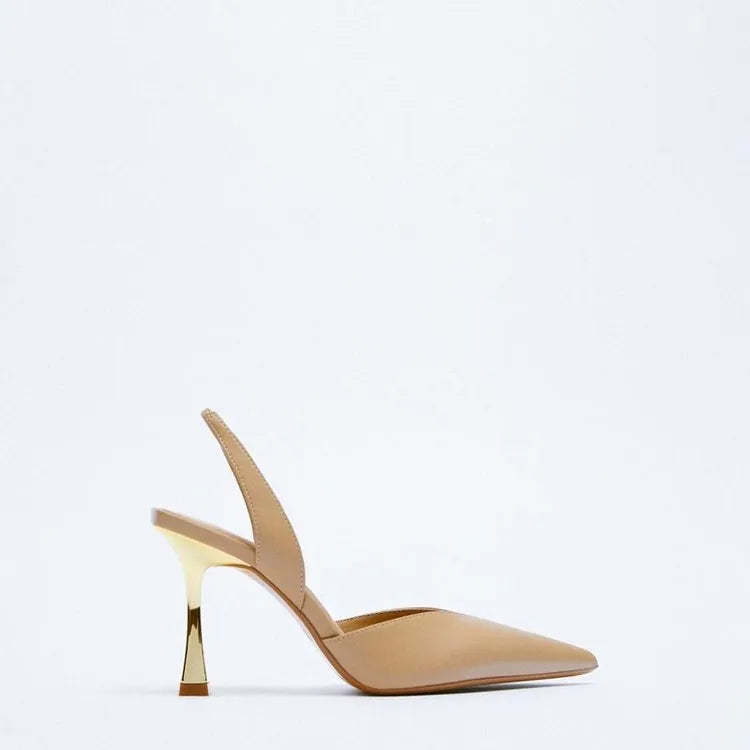 Women's pointed toe patent leather high heels in apricot with a shallow mouth design.