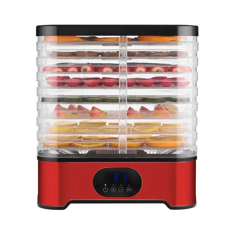 Silver and red eight-layer food dehydrator with intelligent timer control and large drying capacity