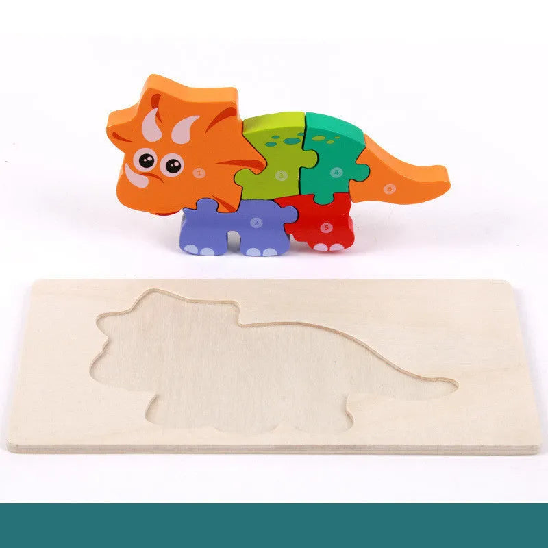Wooden 3D puzzle pieces assembled into dinosaur models for children's educational play.