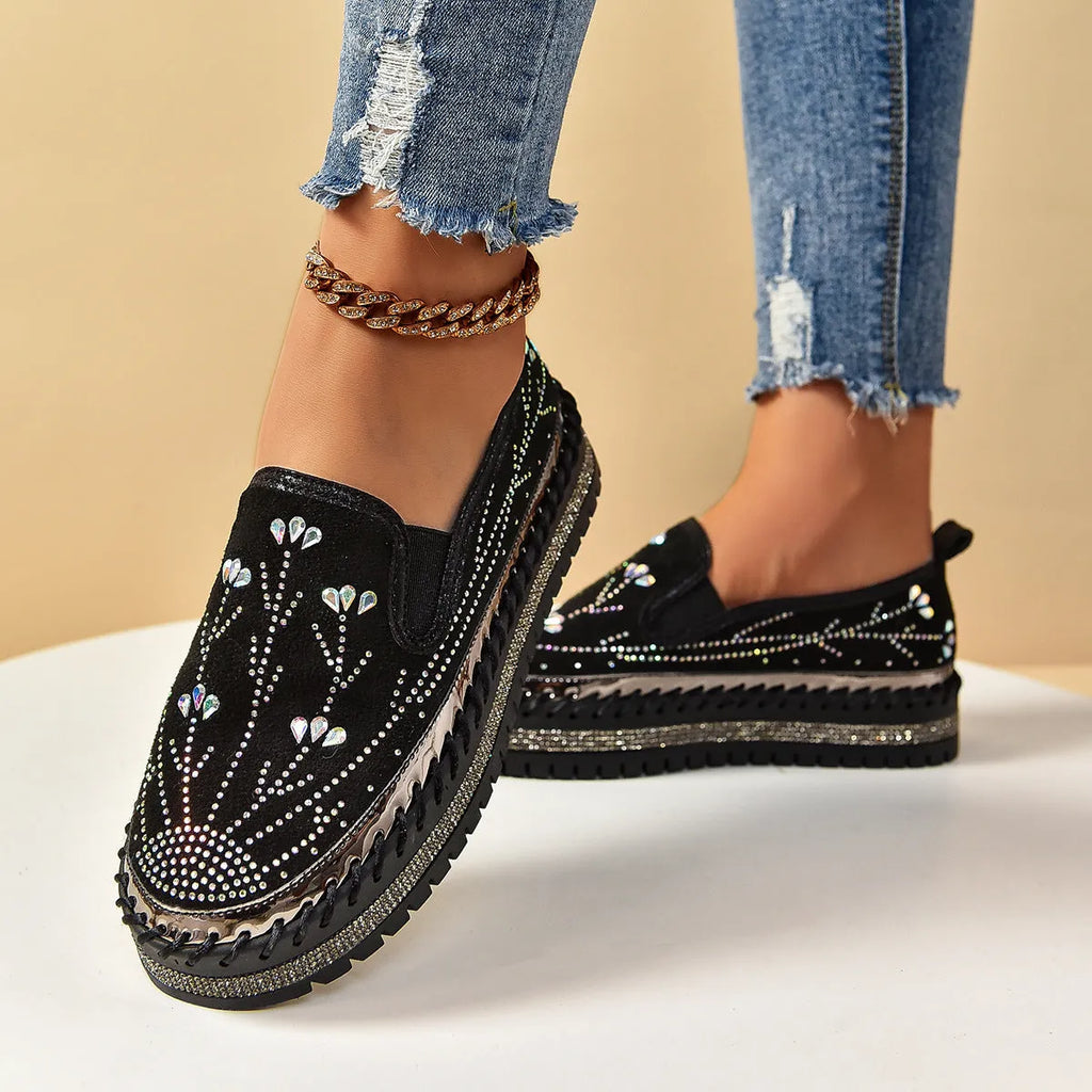 Casual slip-on sneakers with rhinestone platform thick bottom suede upper round toe mid heel