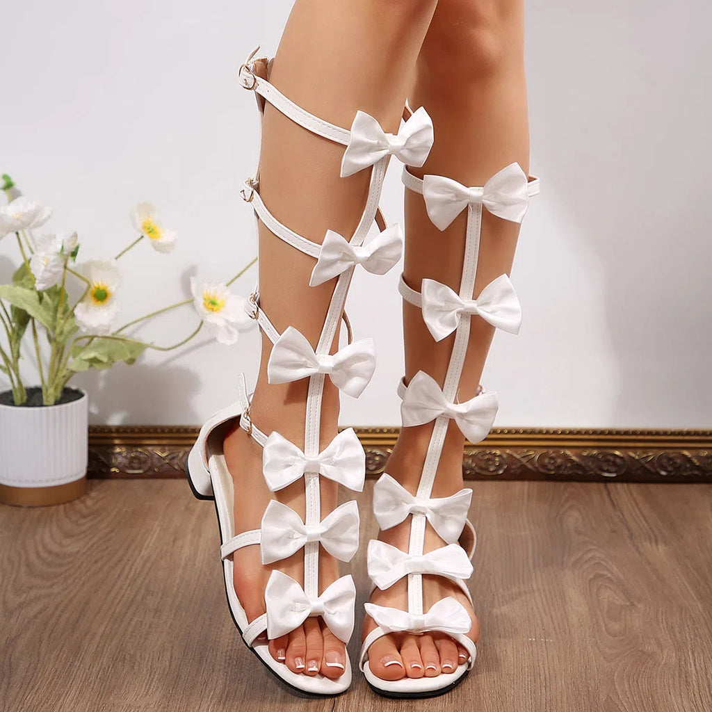 Fashionable square-heeled red over-the-knee sandals with bow and strap, back zipper closure, PU upper, square toe
