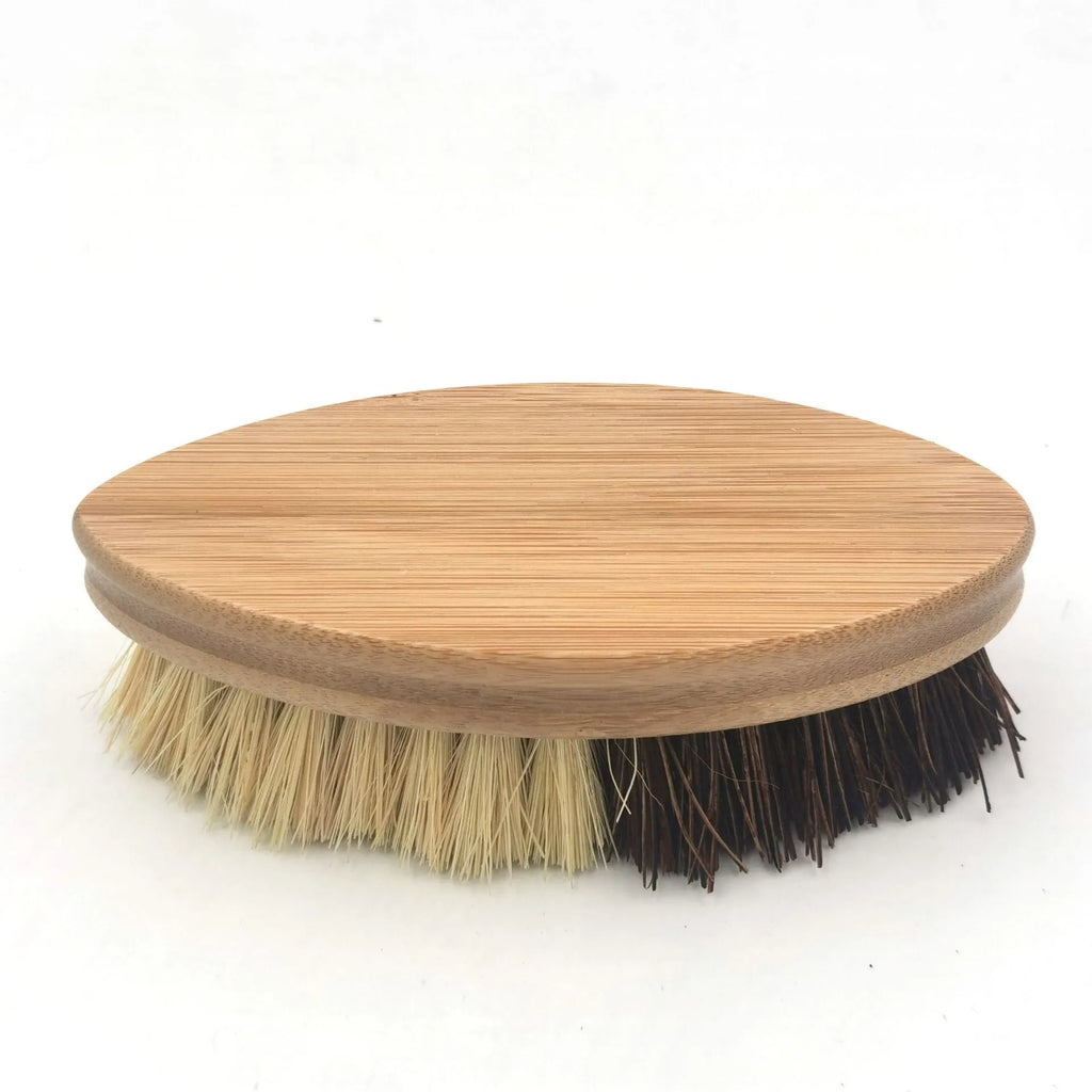 Bamboo vegetable brush with two-tone painted finish and oval shape for cleaning fruit and vegetables