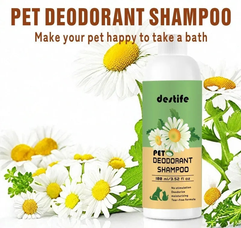 100ml bottle of pet shampoo and shower gel for dogs and cats with fragrance and deodorising formula