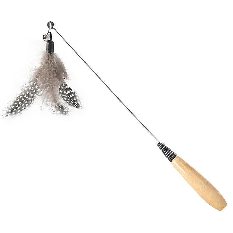 Wooden handle cat teasing stick with feather bell replacement head in choice of four colours