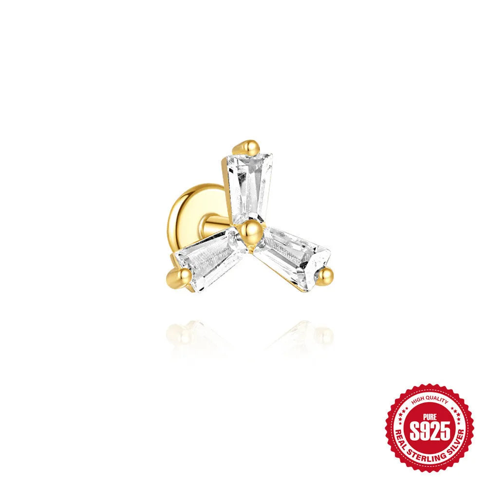 Golden geometric S925 sterling silver stud earrings with zircon, showing clover, crown, chain, and double piercing designs.