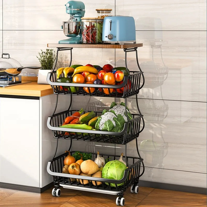 Black six-tier free-standing foldable kitchen storage trolley with metal frame
