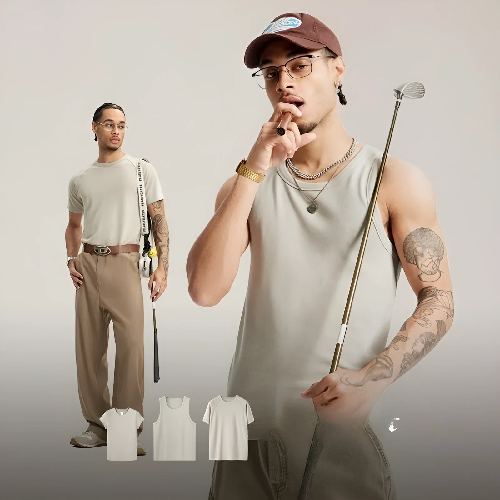 Slim fit men's cotton blend T-shirt and vest in black, beige, and grey colours on a hanger.