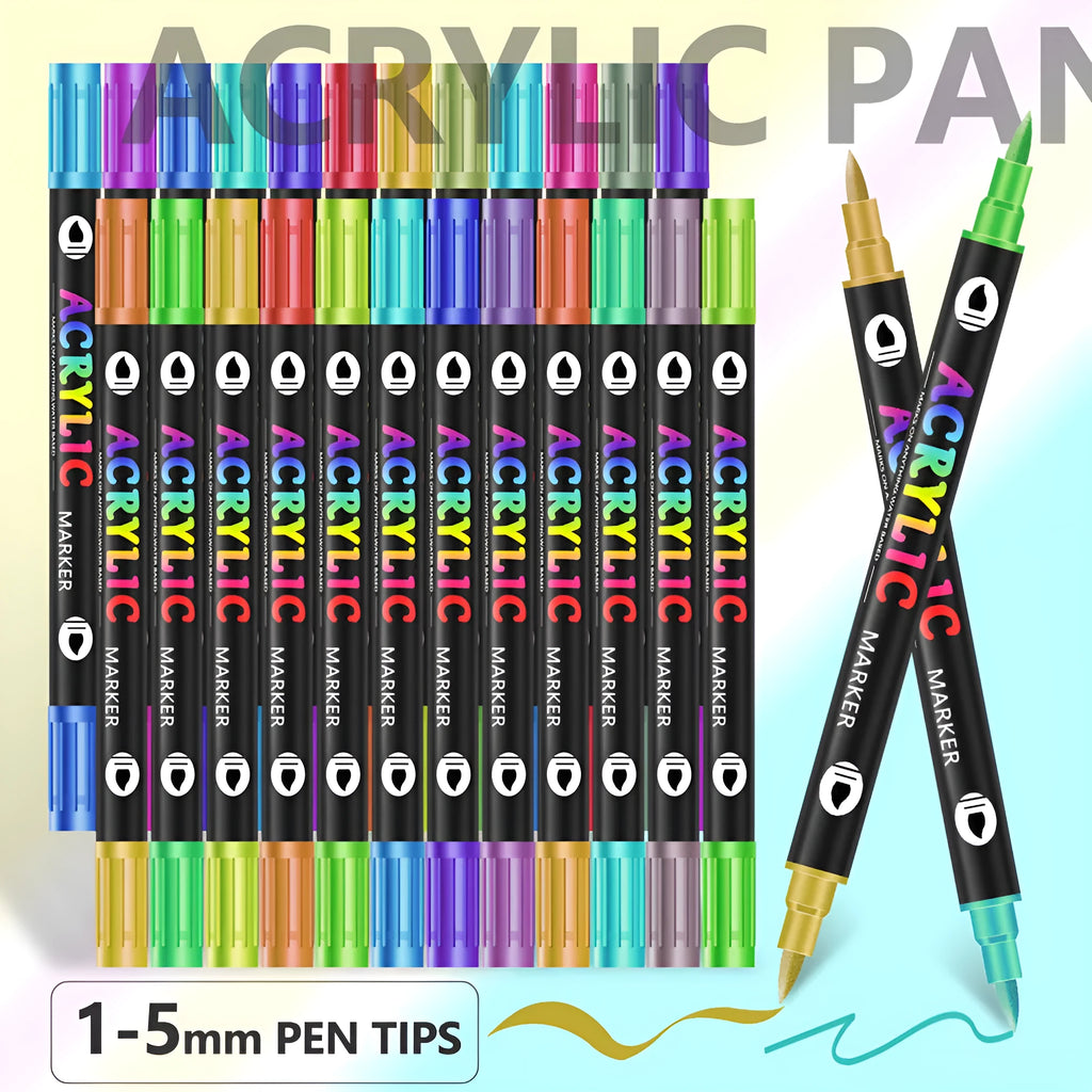 Double-headed acrylic marker pens showing broad and fine tips with opaque colours