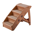 Foldable plastic pet stairs with non-slip mat in light coffee colour beside sofa