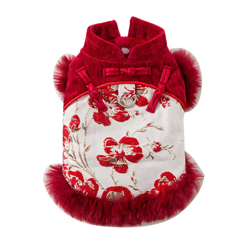 Chinese-style pet jacket with stand-up collar and festive prints in red or pink for small dogs and cats