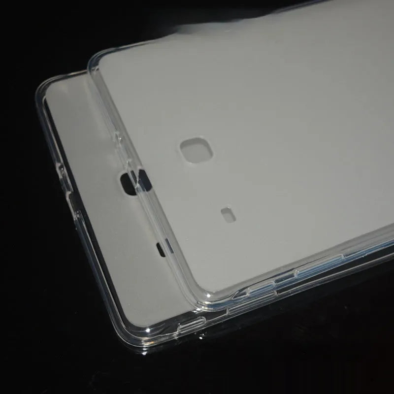 Clear transparent white ultra-thin silicone protective case for a tablet on a flat surface