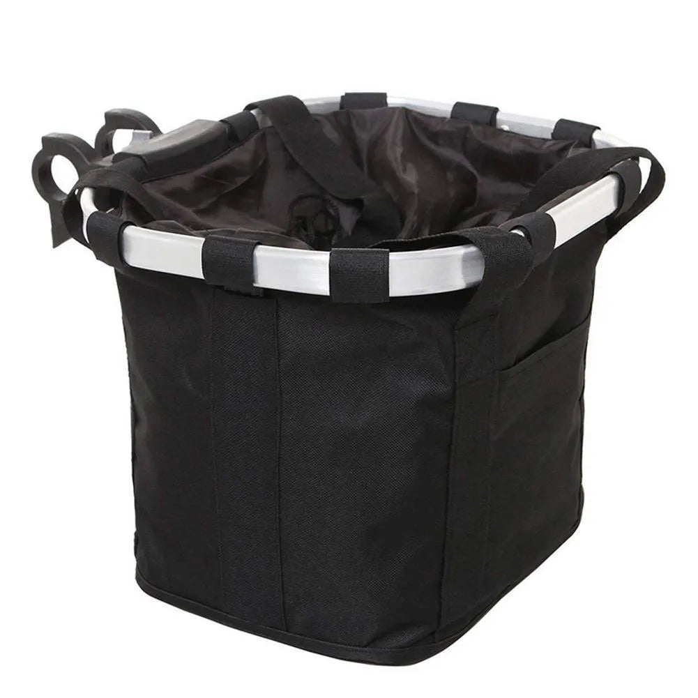 Folding car basket bag with aluminium alloy frame and Oxford cloth, shown in black and patterned colour options.