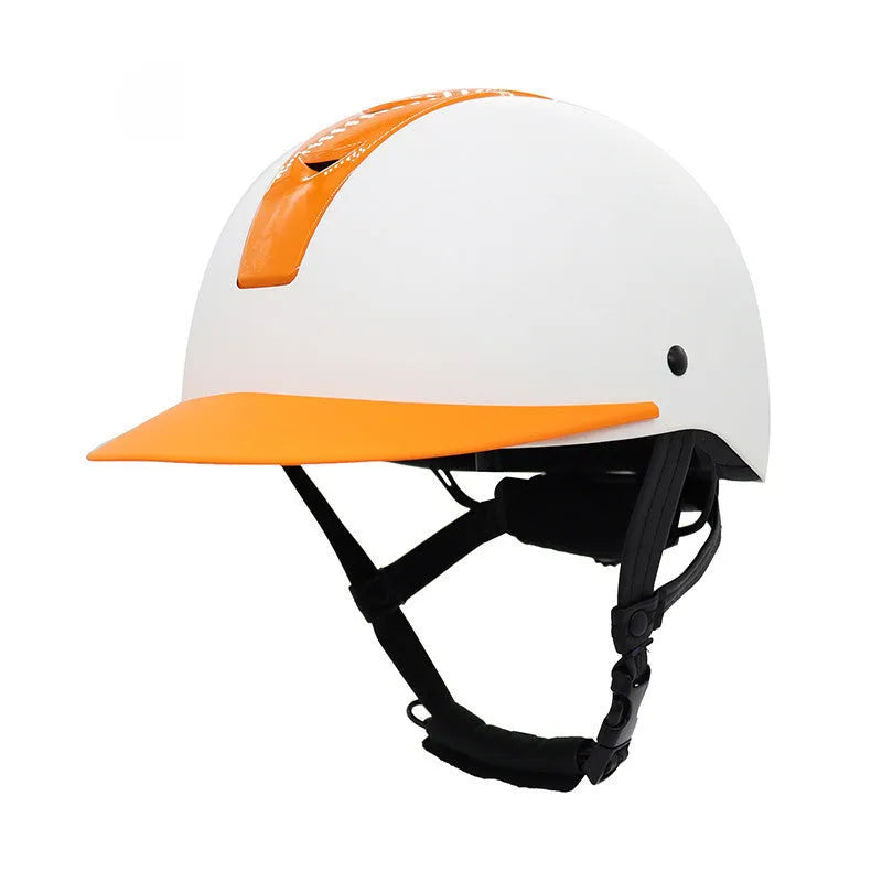 Super light summer equestrian riding helmet in bright black, silver pink, white orange, and silver black colours.