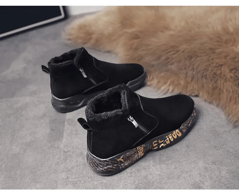 Men's high-top snow boots fleece-lined suede upper rubber sole non-slip winter sneakers black white