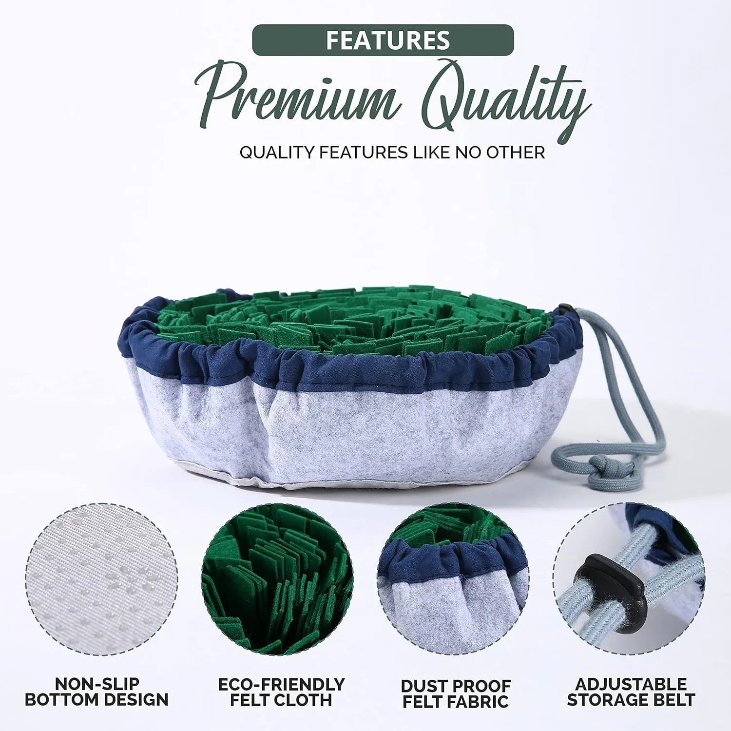 Blue and green adjustable fabric snuffle mat for dogs used as a slow feeder puzzle toy.