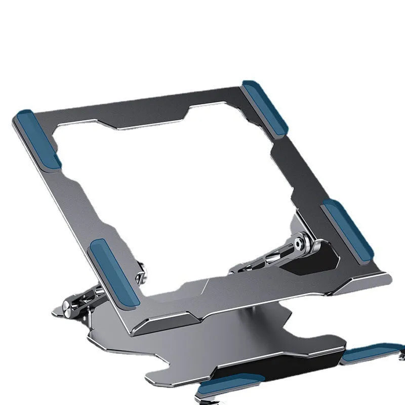 Grey aluminium laptop stand with adjustable angle, folded flat next to a laptop.