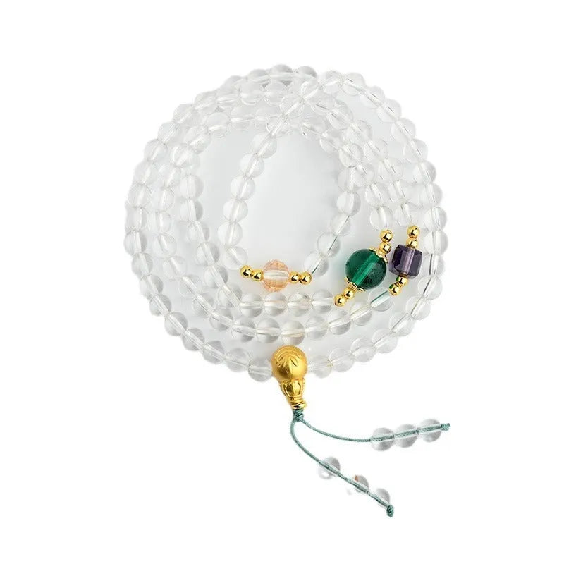 White crystal 108 bead rosary bracelet with geometric ethnic design