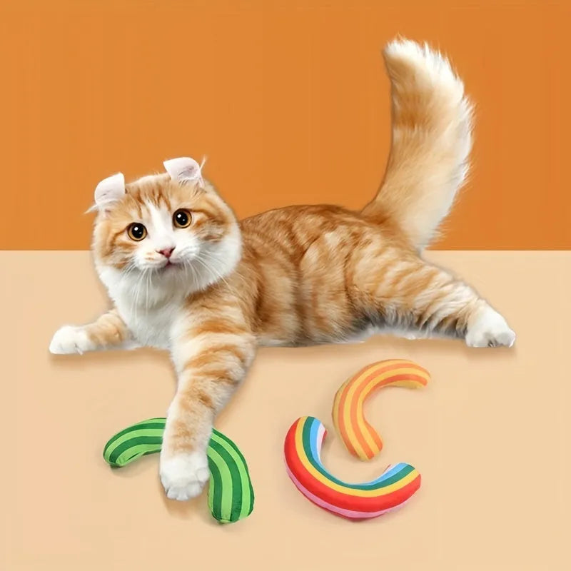 Striped pattern cat pillow toy set with noise-making functions and built-in catnip measuring 23x20cm