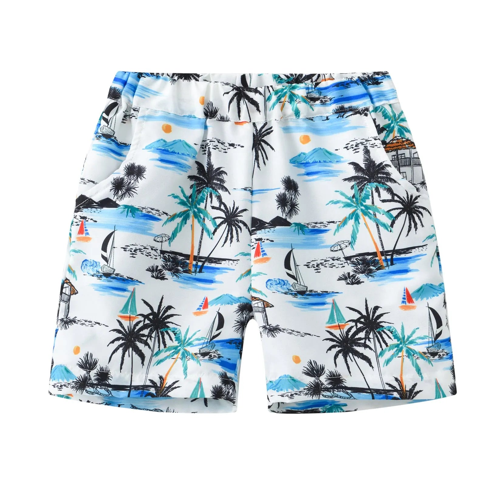 Children's elastic waist beach shorts with colourful coconut tree print, shown in shorts length.