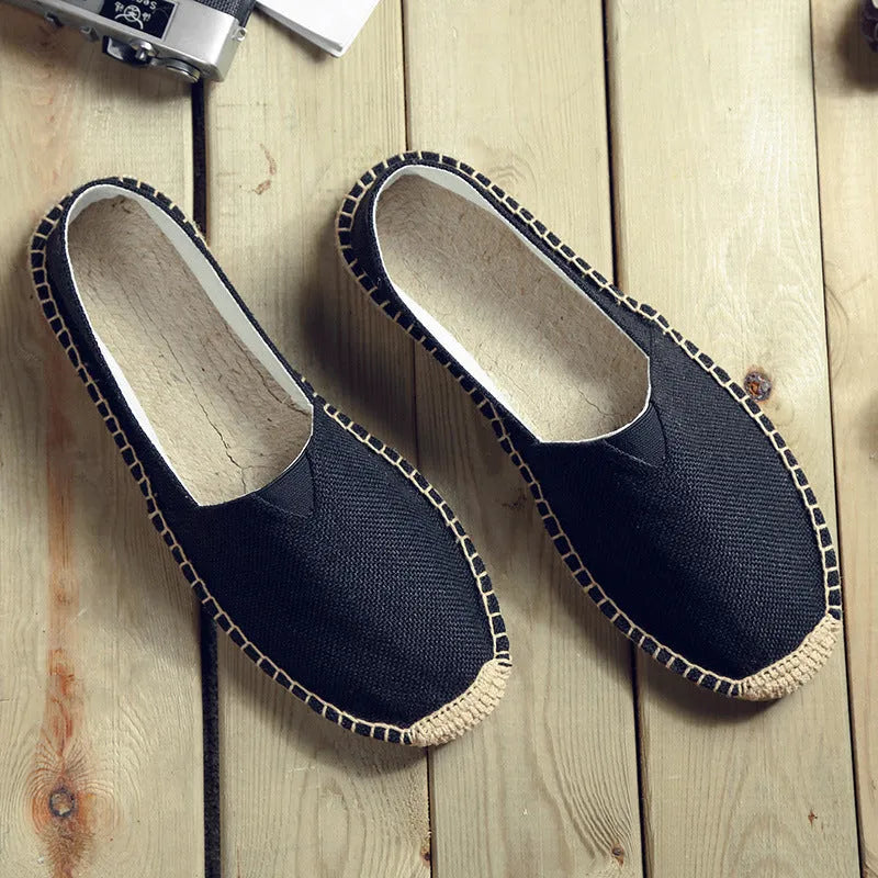 Men's canvas shoes in black, round toe casual slip-on style with breathable fabric