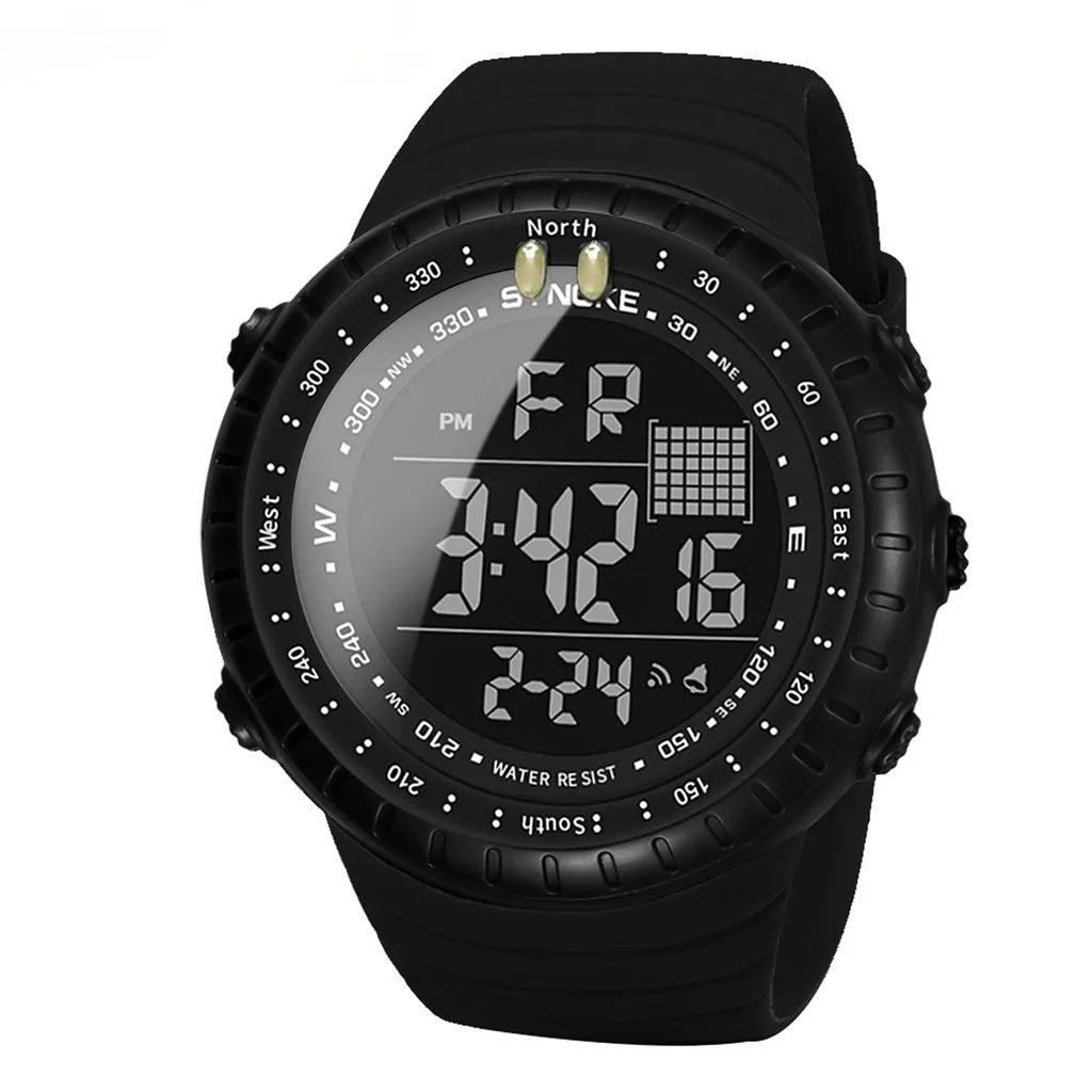 Men's black waterproof electronic outdoor watch with large dial on a PU strap.