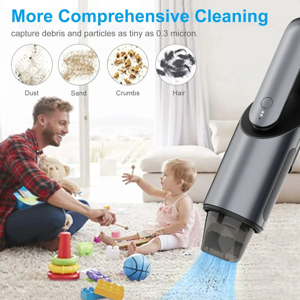Black wireless handheld car vacuum cleaner with brush and flat attachments on a car seat.