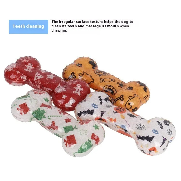 Printed bone-shaped TPR dog toy with squeaker in Christmas red colour