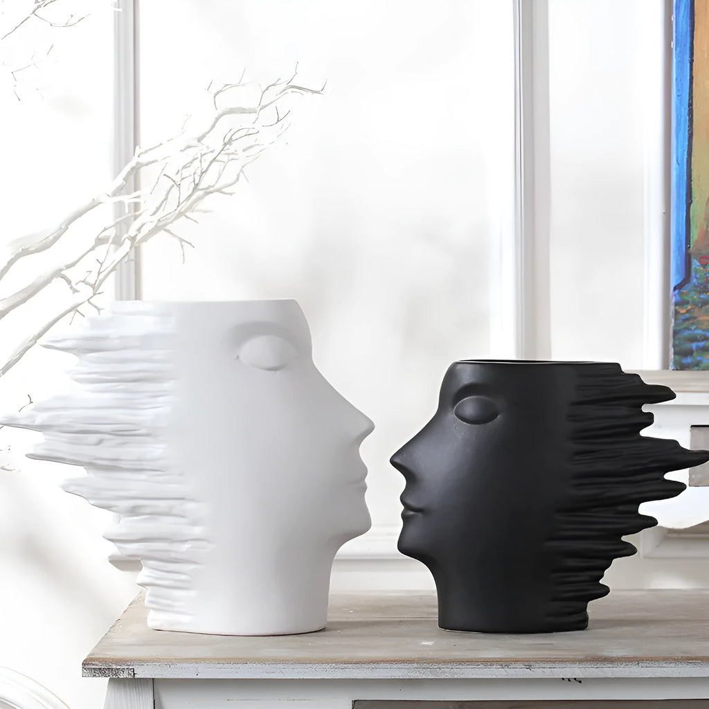 Nordic simple porcelain hanging vase with matte finish and head ornament pattern in black or white