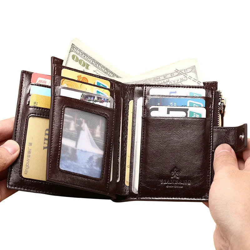 Men's brown first layer cowhide leather wallet, 12.5 x 9.5 x 1.5 cm, lock opening, square vertical card holder.