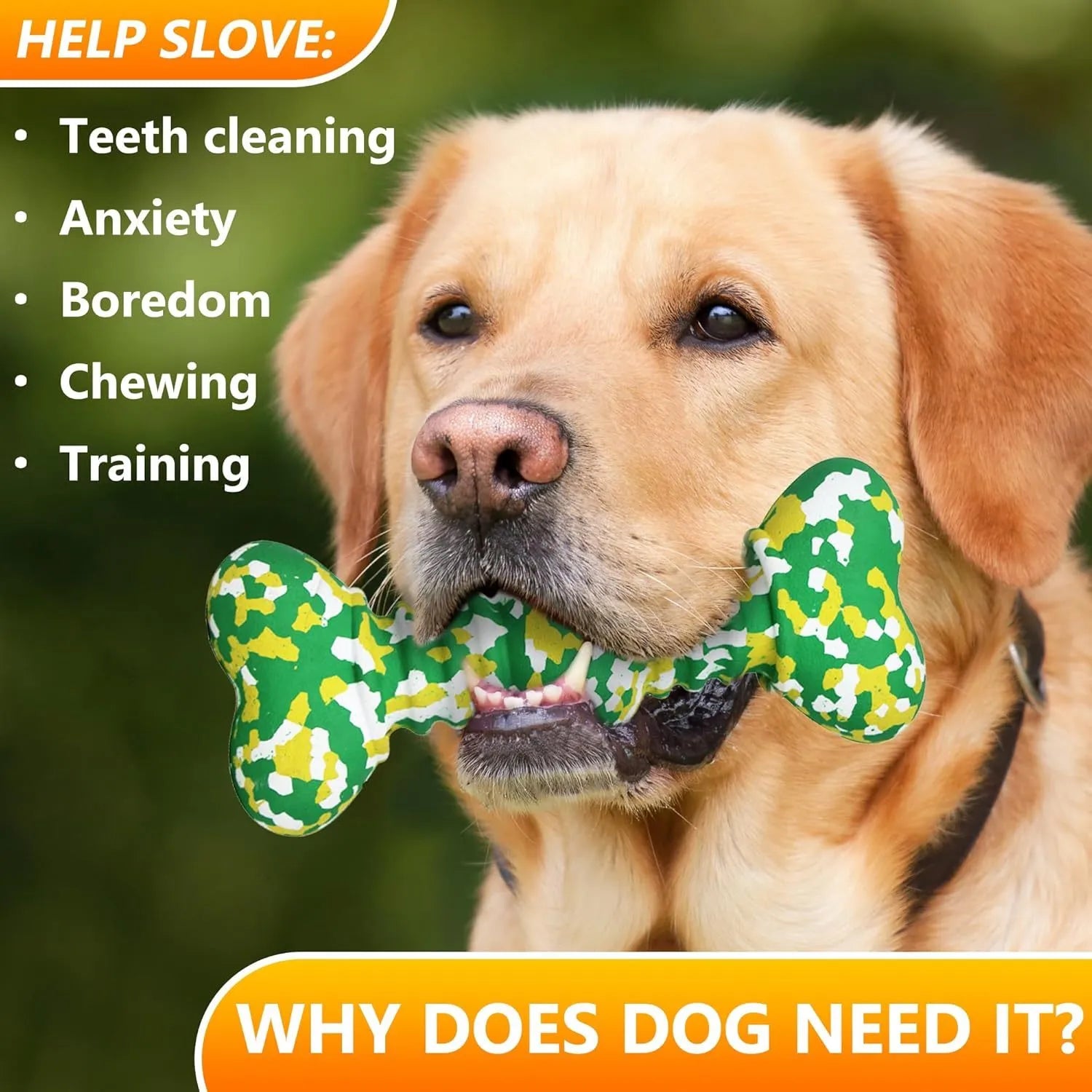 Natural rubber bone-shaped dog chew toy in camouflage pattern for large breed aggressive chewers.