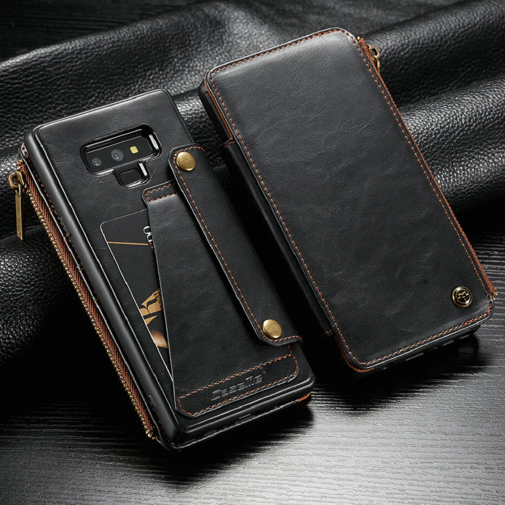 Black PU leather flip phone case open, showing it fitted on a SAMSUNG Note9 smartphone.
