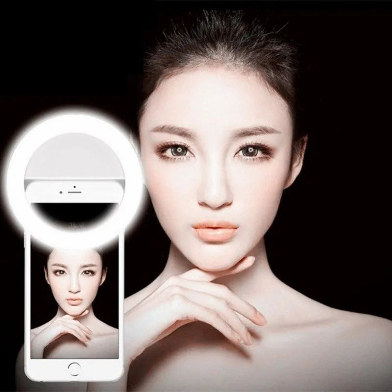 Smartphone clip-on selfie ring light with LED bulbs in black, blue, pink, or white colours