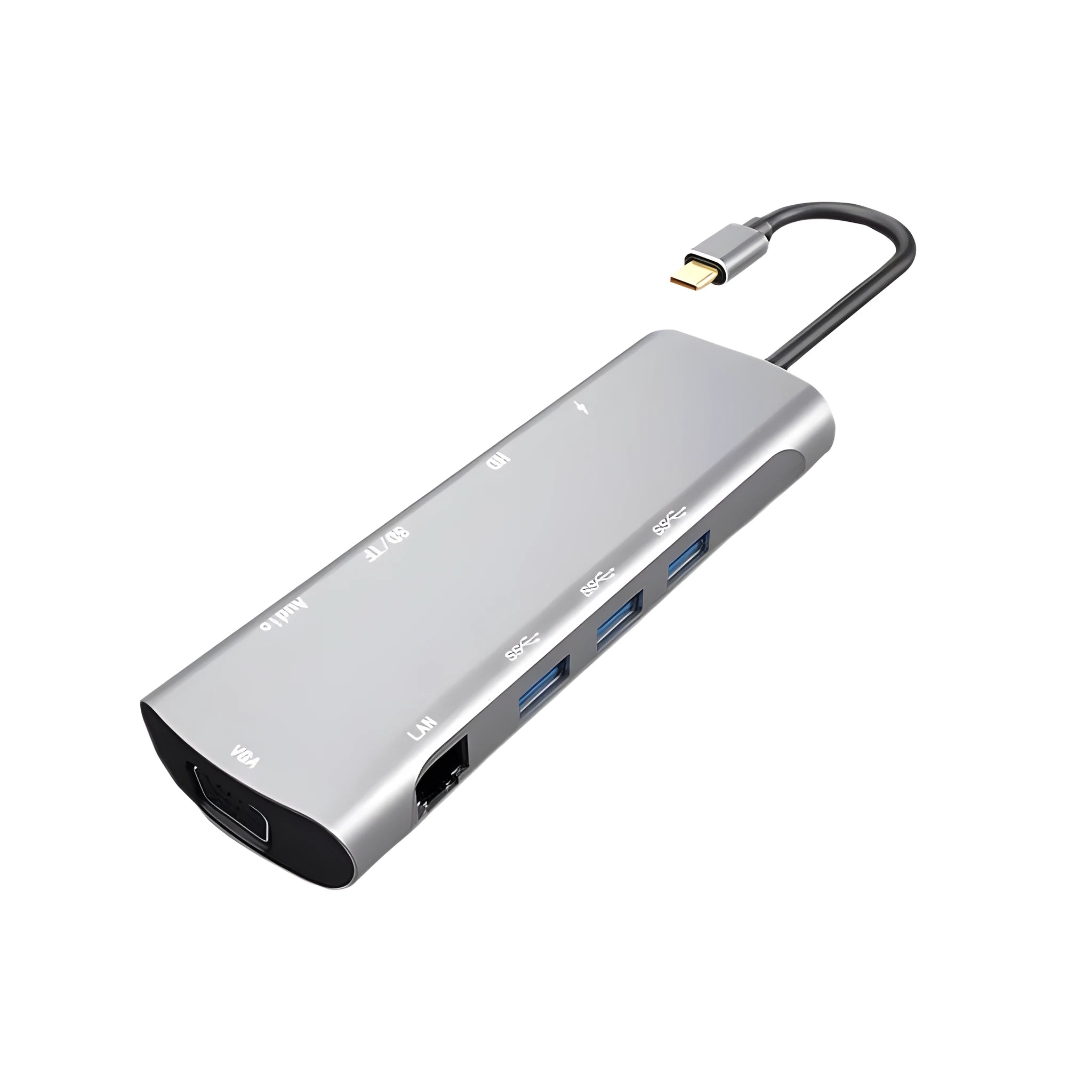 Grey aluminium USB-C docking station with HDMI, VGA, USB 3.0, and PD charge ports on a wooden desk.