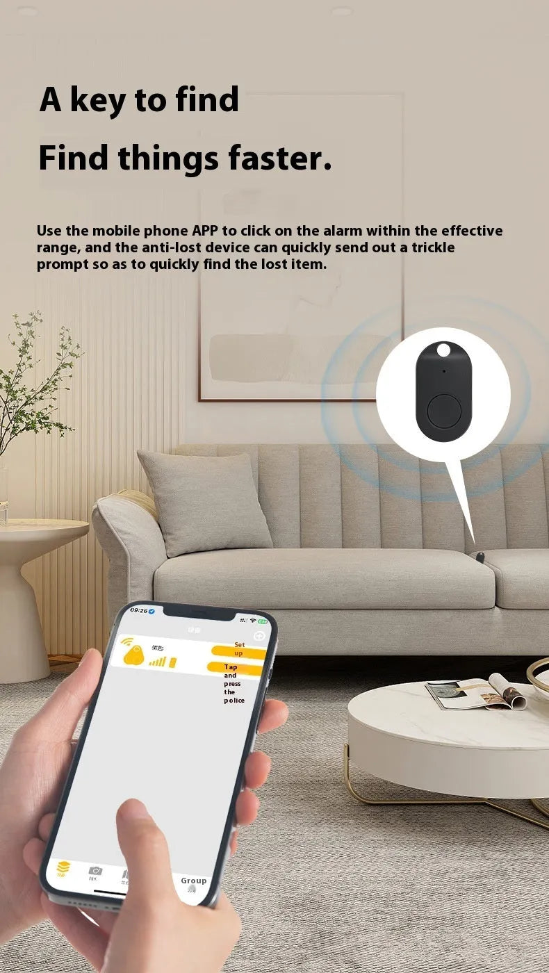 Bluetooth anti-loss device, ABS, 20x26x10mm, with bidirectional search and selfie remote, shown in five colours