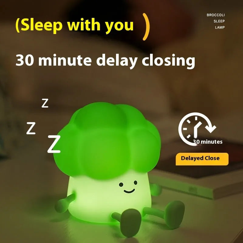 Broccoli-shaped silicone night lamp, 110x128x106mm, with 1200mAh rechargeable battery and 6500K LED