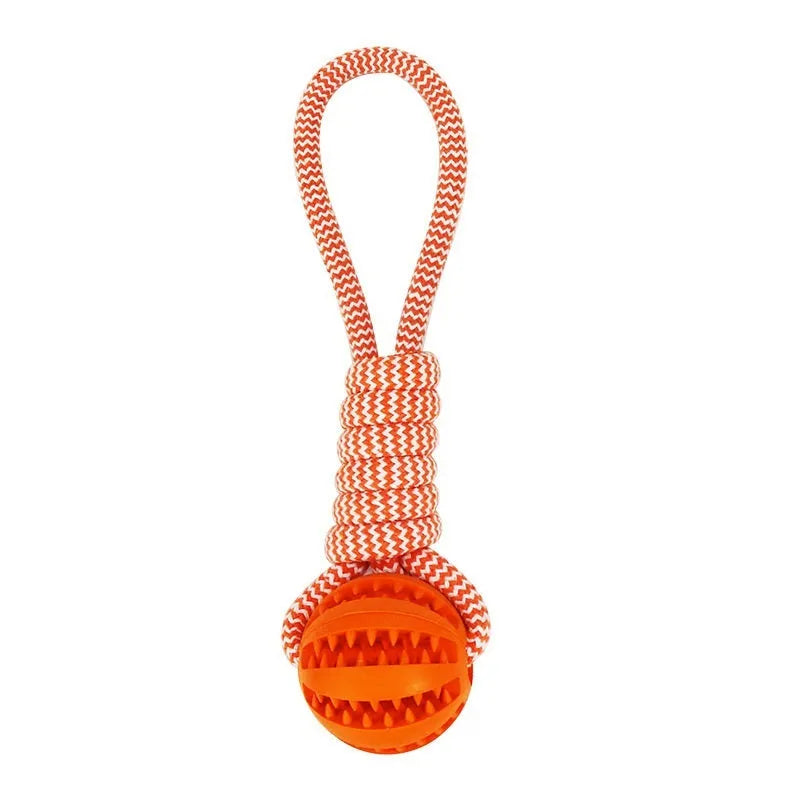 Interactive dog treat ball with hemp rope in blue for small dogs chewing and playing tug of war