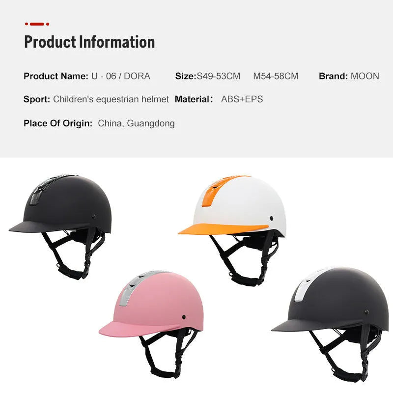 Super light summer equestrian riding helmet in bright black, silver pink, white orange, and silver black colours.